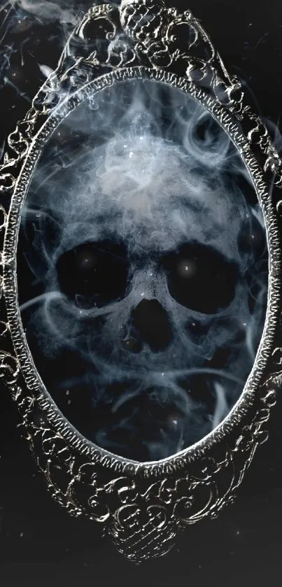 Eerie skull mirrored in smoky, ornate frame for mobile wallpaper.