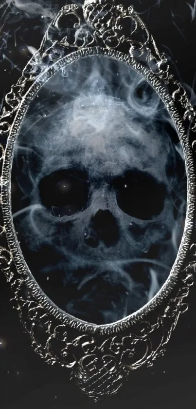 A smoky skull emerges within an ornate silver mirror.