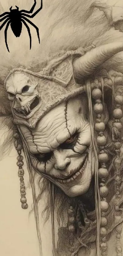 Eerie skull jester with horns and beads mobile wallpaper.