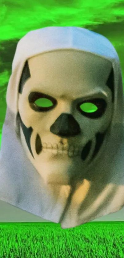 A skull mask against a neon green sky and horizon.