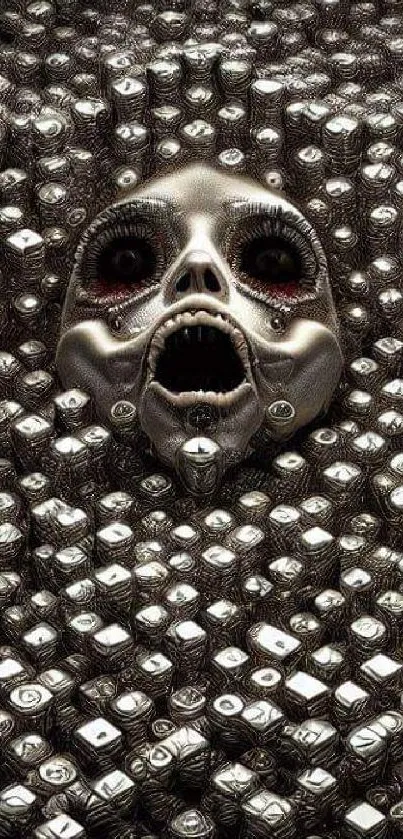 Eerie skull emerging from metallic cubes wallpaper.