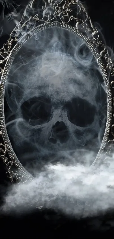 Skull mirrored in smoke with dark gothic frame.