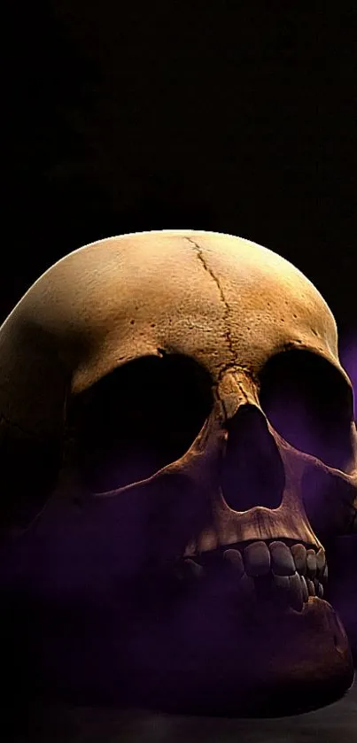 Eerie skull image with purple haze and dark tones for mobile wallpaper.