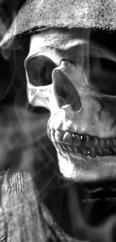 Eerie skull with smoke in black and white wallpaper for mobile phones.