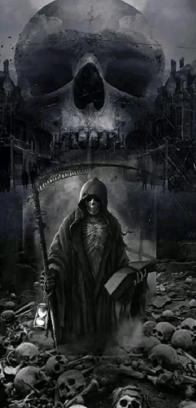 Eerie skull with reaper and gothic atmosphere mobile wallpaper.