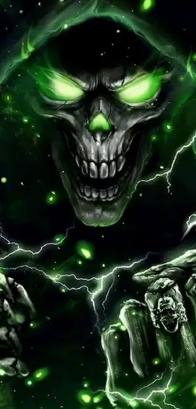 Eerie neon green skull with lightning effect wallpaper.