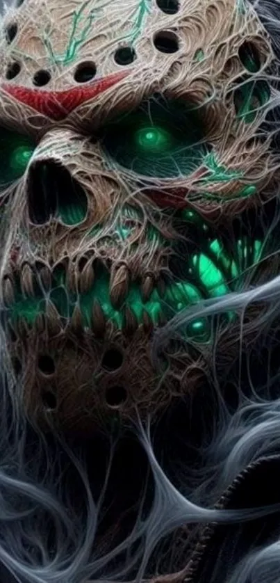 Eerie skull with neon green glowing eyes and intricate details.