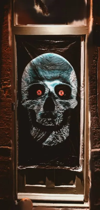 Eerie blue skull with red eyes on doorway, dark and spooky theme.