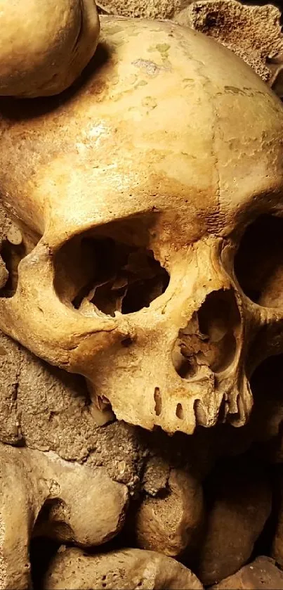 Eerie skulls in dimly lit background for mobile wallpaper.