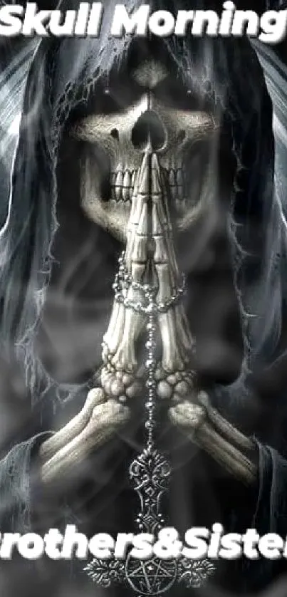 Hooded skeleton praying in darkness, creating an eerie and mystical wallpaper design.