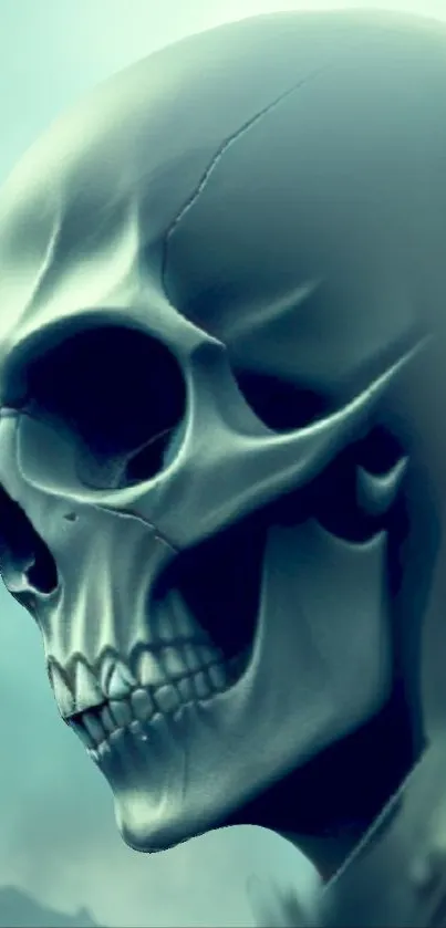 Eerie skull profile art phone wallpaper in dark tones and teal hues.