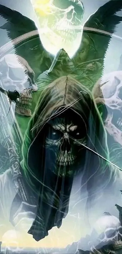 Dark fantasy skull reaper with green tones.