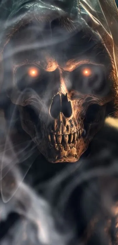 Eerie skull with glowing eyes enveloped in smoke on a dark background.