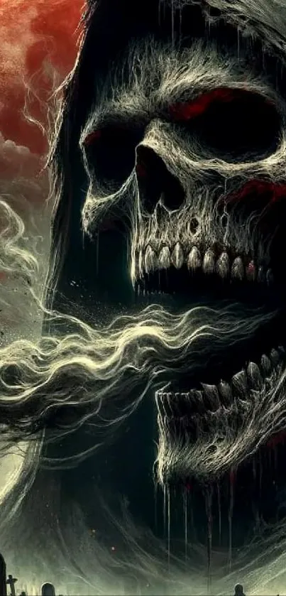 Eerie skull with mystical smoke art on a dark background.