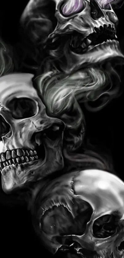 Eerie skulls with smoke on a dark background mobile wallpaper.