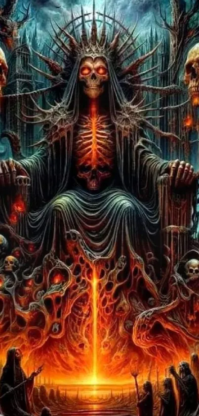 Skeleton on fiery throne with skulls, mystical scene.