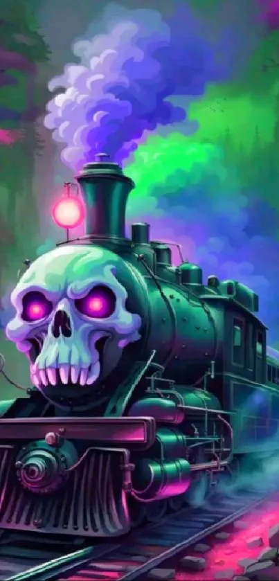 Eerie train with skull design in vibrant neon hues.