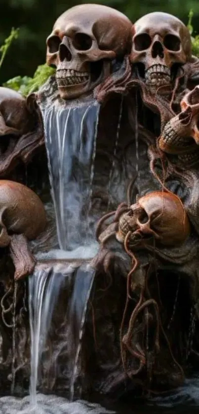 Skull waterfall art with dark brown tones and eerie atmosphere.