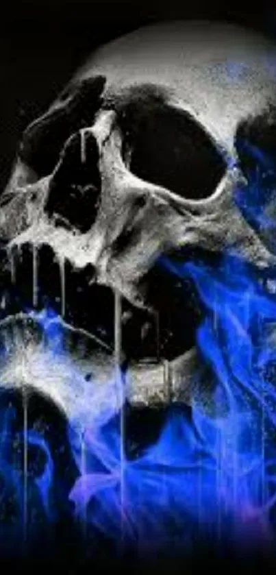 Eerie skull with blue flames mobile wallpaper.