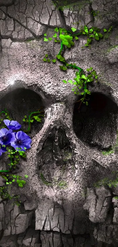 Eerie cracked skull with green foliage and a purple flower in grayscale tones.