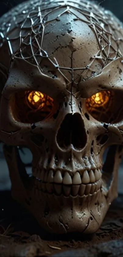 Detailed skull with glowing eyes on dark background.