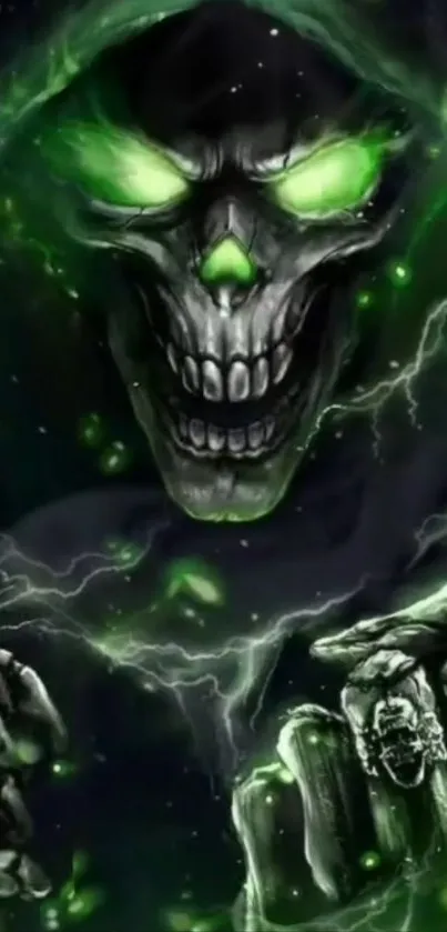 Skull with glowing green eyes in darkness.