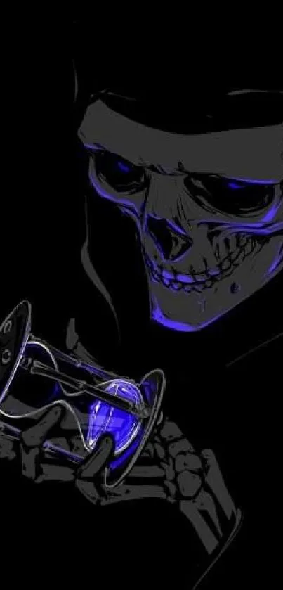 Skull holding a glowing blue hourglass on dark background.