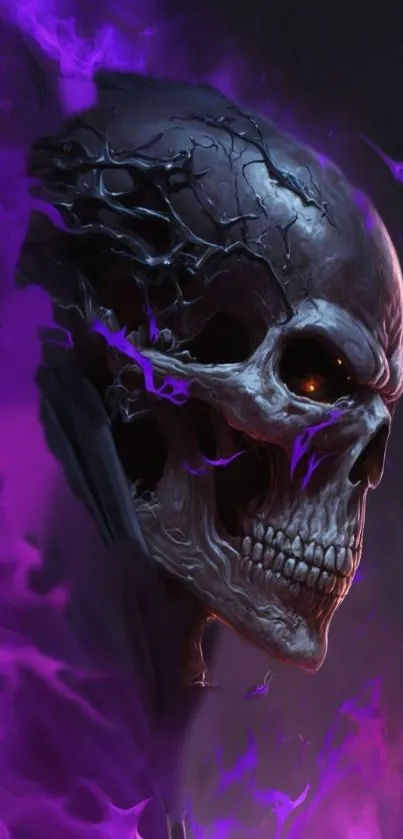 Eerie skull in purple flames, fantasy wallpaper.