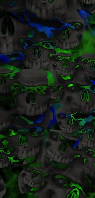 Eerie dark skulls with neon green and blue accents.