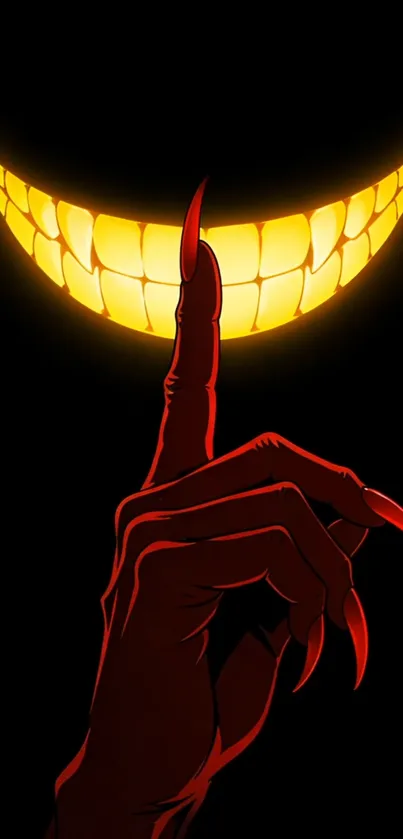 Eerie cartoon with sinister smile and hand gesture in darkness.