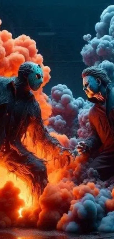 Two masked figures amidst swirling orange and blue smoke.