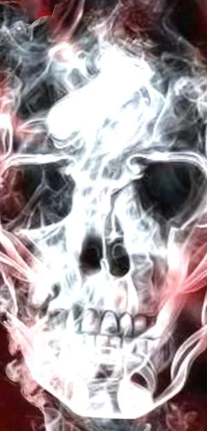 Eerie smoke skull with haunting red background.