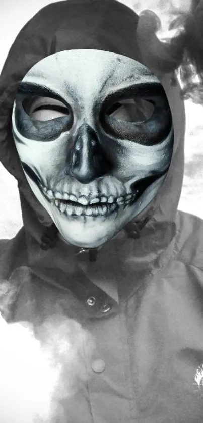 Person with skull mask in smoke, dark theme wallpaper.