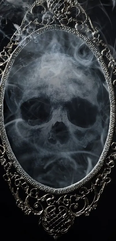 Skull formed by smoke in an ornate mirror with a dark background.