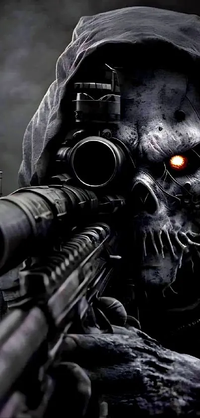 Dark hooded skull sniper with glowing red eye.