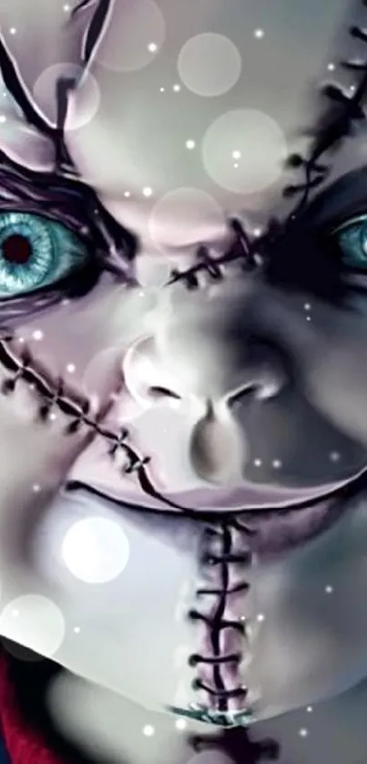 Close-up of a stitched face with piercing eyes on a horror wallpaper.