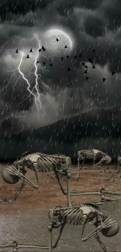 Haunting storm scene with skeletons in dark atmospheric landscape.