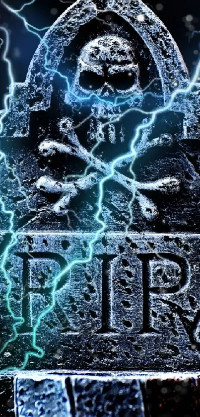 Eerie tombstone with blue lightning and skull design.