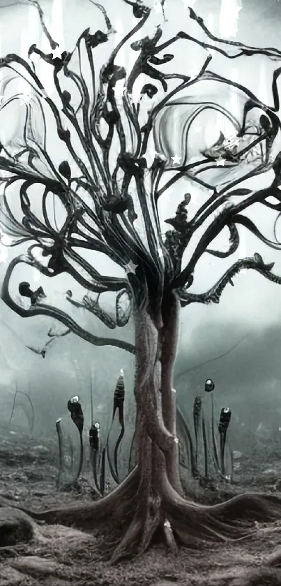 Surreal eerie tree with intricate twisted branches in misty landscape.