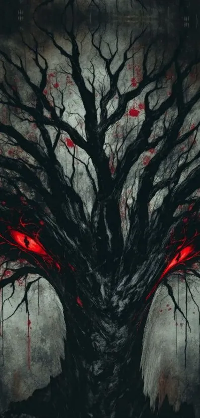 Eerie tree with glowing red eyes on dark background.