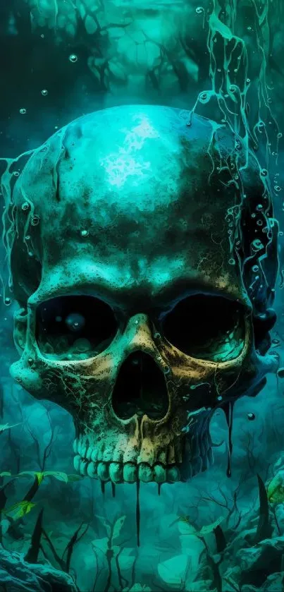 Underwater scene featuring a mysterious skull with blue and green hues.