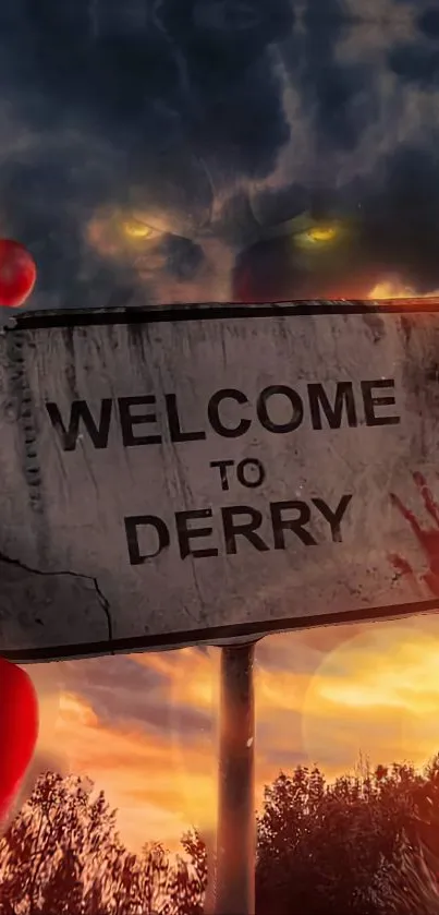 Eerie Welcome to Derry sign with red balloons at sunset.