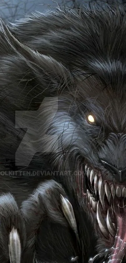 Dark werewolf-themed mobile wallpaper with sharp teeth and glowing eyes.