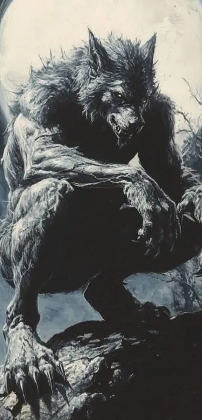 A haunting werewolf crouches under a glowing full moon.