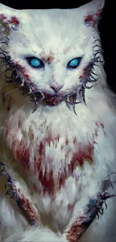 Eerie white cat with glowing blue eyes on a dark background mobile wallpaper.