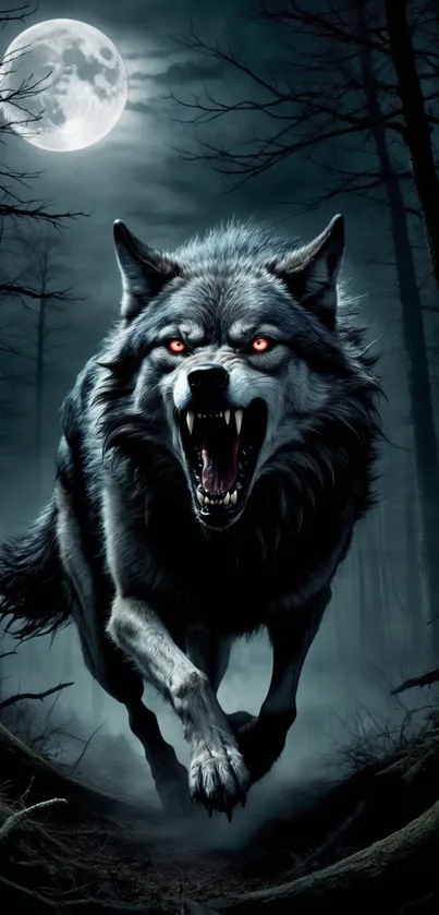 Fierce wolf running in a dark forest with a full moon in the background.