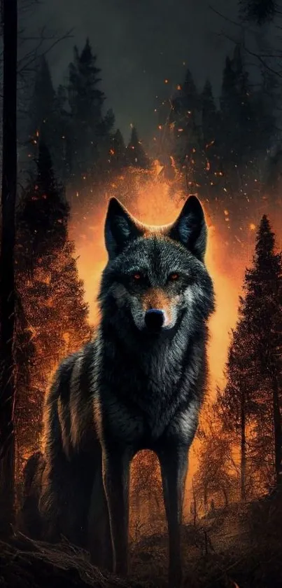 Majestic wolf amid a burning forest scene, perfect for wallpaper.