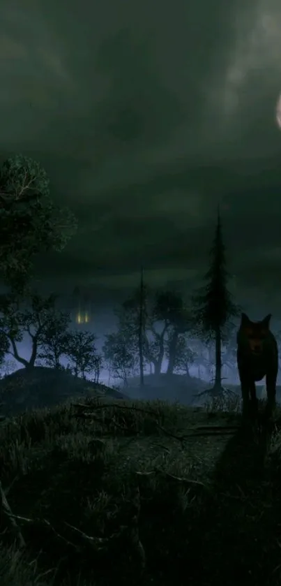 Eerie wolf stands in moonlit forest night.