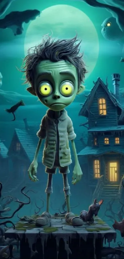 Cartoon zombie in eerie moonlit scene with haunted house.