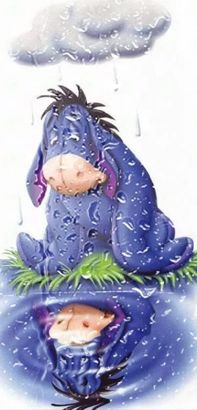 Eeyore sitting in the rain, reflected in water.